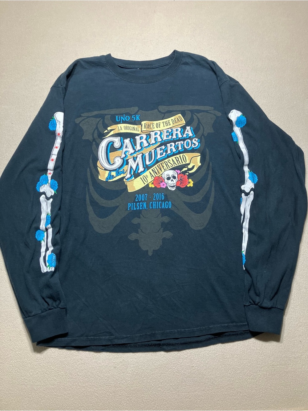 Vintage Carrera de los Muertos 5K Long Sleeve Skeleton Shirt Chicago Black L/XL